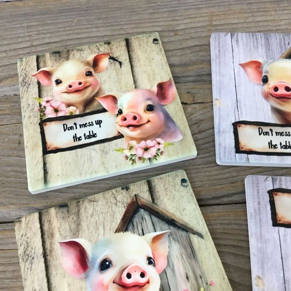 Pig Don't Mess up the Table Set of 4 Sandstone Coasters - Picture 4 of 7